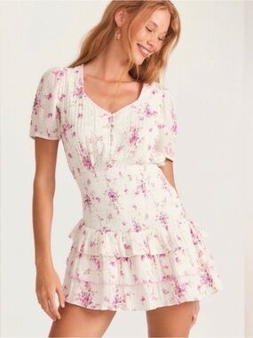 LoveShackFancy Cream Mini Dress with Pink Floral Print